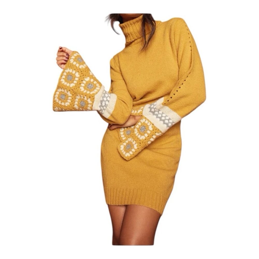 NEW Lulus It's Groovy Sweater Dress Flare Cuff Crochet Turtleneck Gold Yellow
